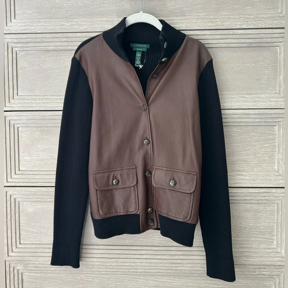 Lauren Ralph Lauren Brown Faux Leather Dark Navy (Black) Knit Cardigan - Picture 9 of 12